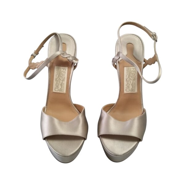 Salvatore Ferragamo Size 9M Gold Satin Ankle Strap Platform Sandals Stilettos - Picture 2 of 11